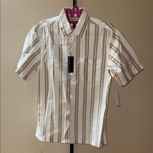 NWT Van Heusen Casual White Multi Brown Seersucker Shirt Size S (14-14.5 Neck)